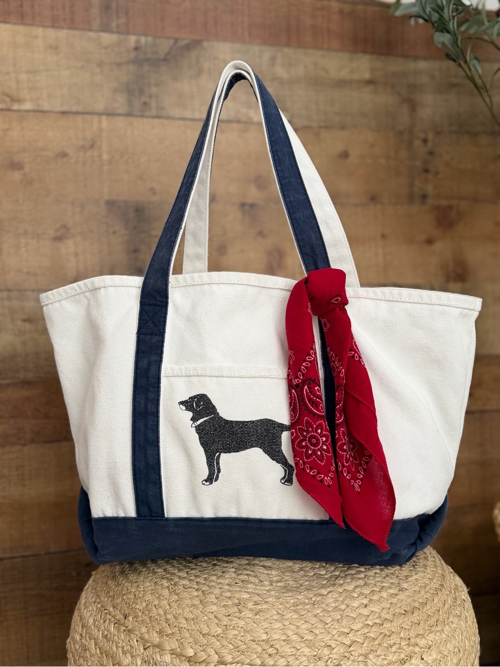 The Black Dog Natural White & Navy Canvas Tote with Red Bandana Accent